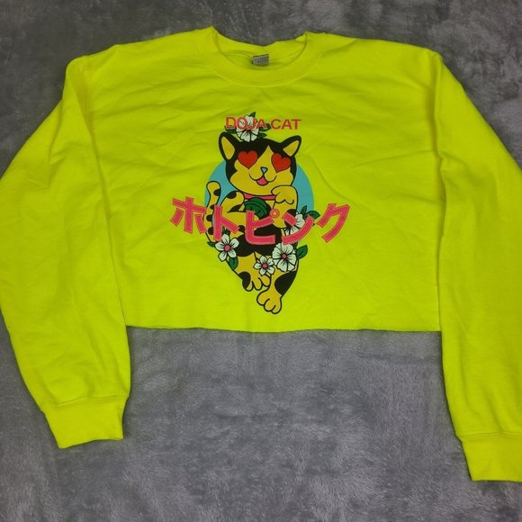 Doja Cat Cropped Graphic Pullover Sweatshirt Highlighter Yellow Women Size MNWOT - Picture 1 of 8